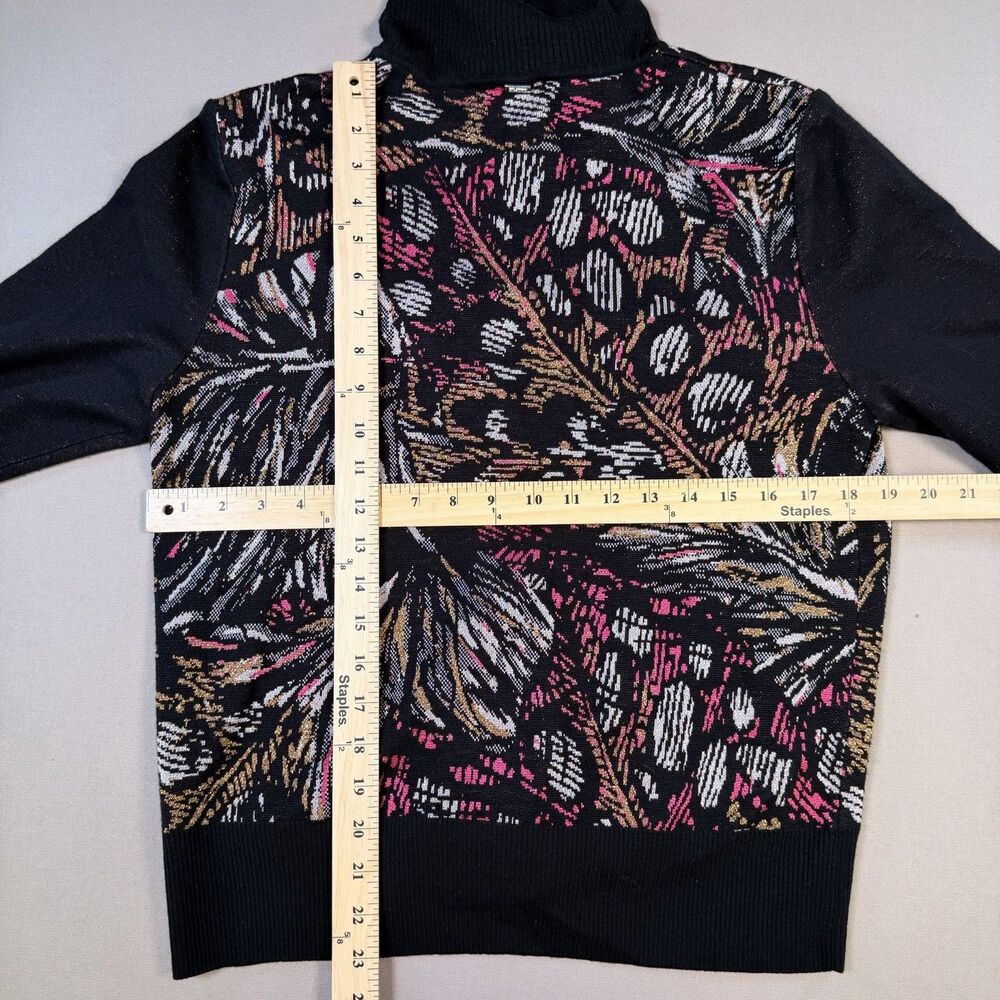 St. John Black Pink Gold Metallic Floral Print Wool Blend Cardigan Sweater Large - Picture 7 of 13